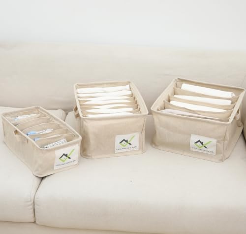 Image of House Of Quirk Set Of 3 Foldable Storage Box Drawer Divider Organizer Closet Storage For Socks Bra Tie Scarfs (5+6+9 Slot, Set Of 3, Beige Linen) - Clothing