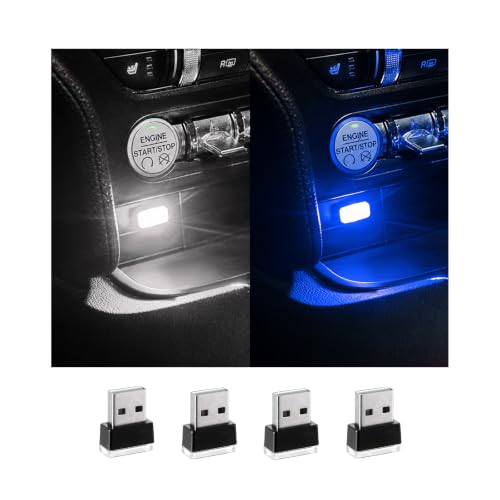 Augeny 4 PCS USB LED Car Interior Atmosphere Lamp, Plug-in USB Decor Night Light, Portable Auto Ambient Lighting Kit, Universal Vehicle Interior Accessories for Most Cars (White & Blue)