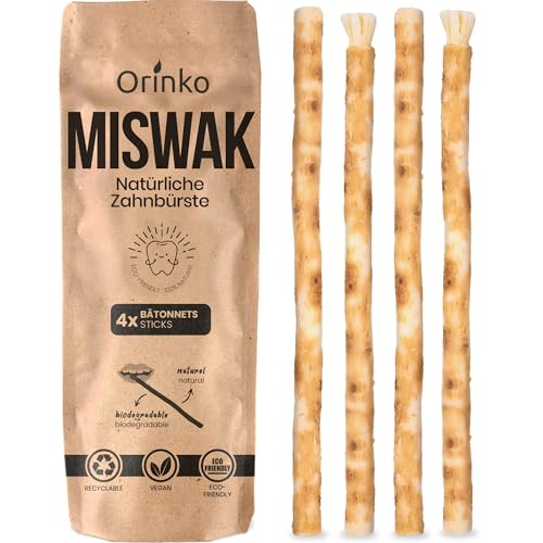 ORINKO® Miswak Siwak Zahnbürste x4 - Natürliche Zahnpflege mit Miswak-Stick - Bio Zahnholz für gesunde Zähne - Traditionelle Zahnreinigung für Mensch & Umwelt - Frisch verpackt