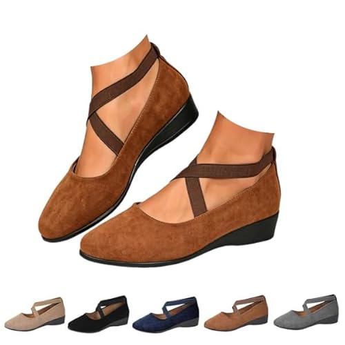 Women's Comfy Elastic Crisscross Strap Wedge Shoes Ballet Flats Toe Low Wedge Heel Slip on Non-Slip Casual Shoes (brown,24.0 cm)