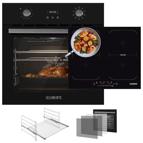 KB ELEMENTS Juego de cocina autosuficiente, horno empotrable de 60 cm, placa de inducción de 59 cm, 9 funciones, acristalamiento de protección térmica de 3 capas, función asador, función pizza,