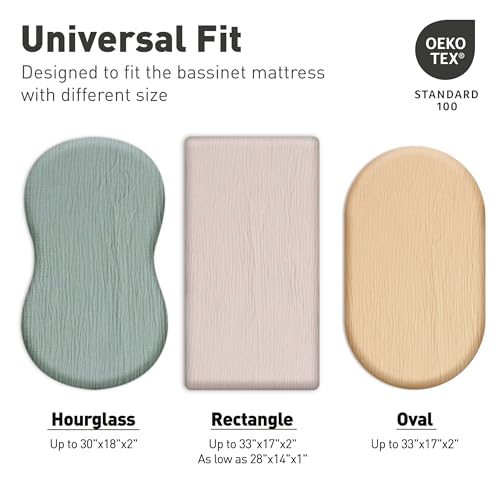 Image of Muslin Bassinet Fitted Sheets 2 Pack, Soft Breathable Cotton Baby Bassinet Mattress Sheet Set, 360 Elastic Snug Fit, Universal for Oval, Rectangle (Elegant Colors, Bassinet Sheets 2 Pack)