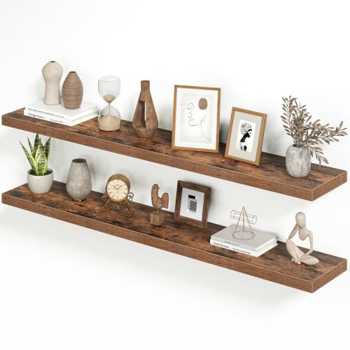 Heimlove 55 Inch Long Floating Shelves for Wall,9.3" Deep Rustic Brown Floating Shelf Set of 2,Large Display Shelf & Storage Shelf,Wall Mounted Shelves for Bedroom Living Room Kitchen Office