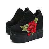 ACE SHOCK Platform Canvas Shoes Women, Hidden High with Wedges Sneakers Flower (6.5, Black)
