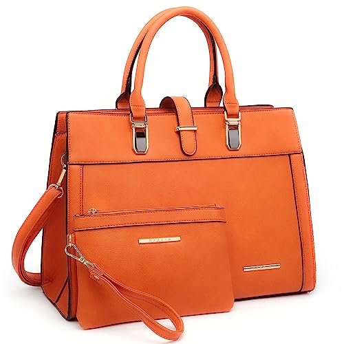Women's Handbag Flap-over Belt Shoulder Bag Top Handle Tote Satchel Purse Work Bag w/Matching Wristlet (Orange)