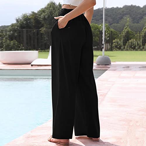 generic Women's Linen Summer Palazzo Pants Flowy Cotton Drawstring Trousers Vacation Wide Leg Beach Pants with Pockets2