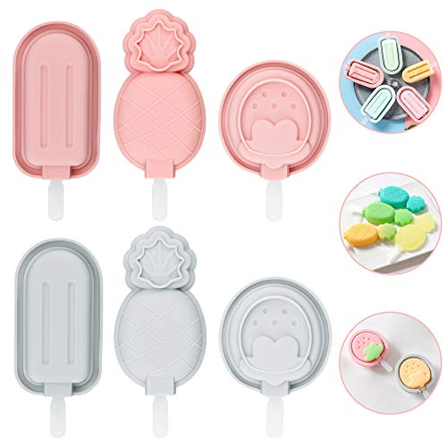 BUZIFU Moldes Helados de Silicona con Tapa, 6 Moldes para Polos Sin BPA, Apilable, Recipientes para Helados en Forma de Fresa Piña y Clásica, Fácil de Limpiar y Sacar, para Hacer Helados Sanos Caseros