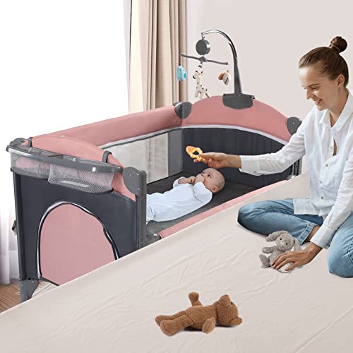 Image of 5 in 1 Baby Crib,Baby Bassinet, Bedside Cribs, Pack and Play with Bassinet and Changing Table, Portable Travel Baby Bassinet Toys & Music Box,Mattress for Girl Boy Infant Newborn (Pink)