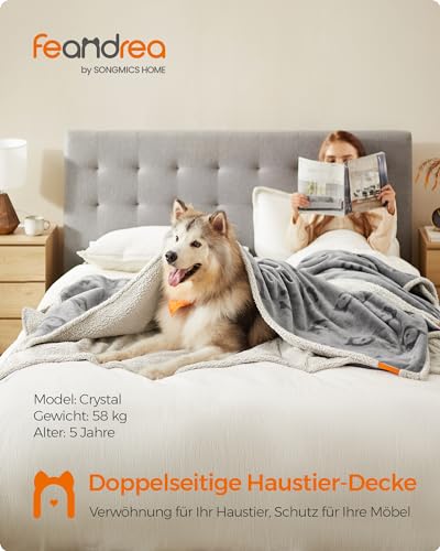 Feandrea wasserdichte Hundedecke, Sherpa Fleece Haustier Decke für extra große Hunde und Menschen, Katzen, 229 x 203 cm, XXXL, maschinenwaschbar, beidseitiger Sofabezug-Schutz, grau PPB090G01