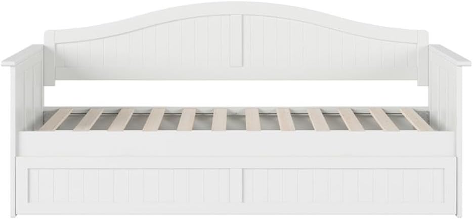 Pemberly Row Mid-Century Solid Wood Twin Daybed with Trundle, White Finish, 78.75 x 40 x 34.63 in, Tongue and Groove Beadboard Design, Durable Bed/Sofa for Guest Room or Kids' Room