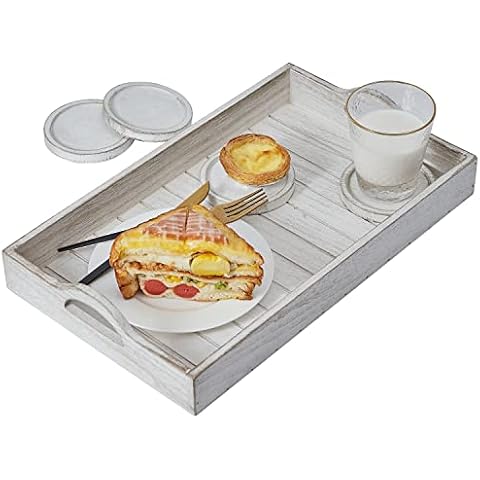 KMwares 16.5" White Wooden Serving Tray with 4pcs Coaster Decorative Wood Trays for Coffee Table, Couch, Bed Ideal Appetizer, Food, Breakfast, Dessert, Tea Cover