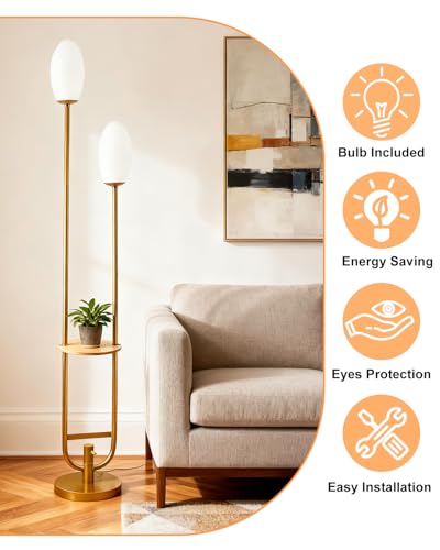 Image of Lightdot Gold Dimmable Floor Lamp with Oval Bulbs Included Unique Tall Standing Lamps with Table Mid Century Modern Floor Lamp with 5Lbs Heavy Base for Living Room /Party /Sofa Beside /Corner Decor