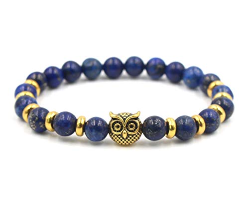 Bracelet Lapis Lazuli 8mm : bijou élastique en pierre naturelle avec hibou