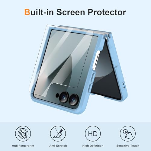 Image of ORETECH Magnetic for Samsung Galaxy Z Flip 7 Case, with [2 x Screen Protector] Translucent Back Non-Slip Hard PC Shockproof Bumper Protective Case for Samsung Z Flip 7 - Sierra Blue