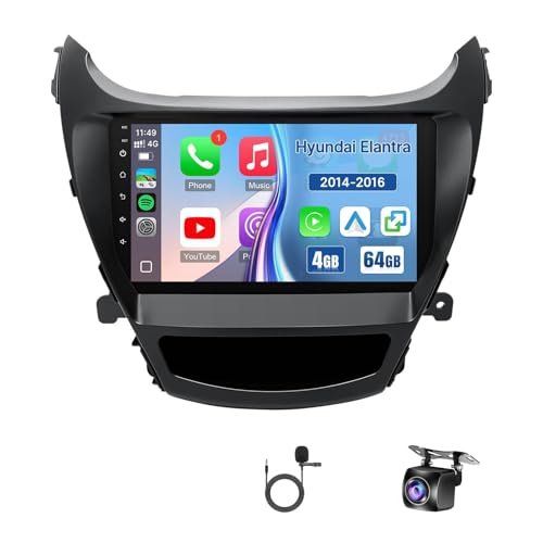 4+64G Android 13 Car Radio for Hyundai Elantra 2014 2015 2016 Stereo Replacement with Wireless Carplay Android Auto, 9'' Touch Screen Built-in Bluetooth GPS Navigation WiFi Backup Camera Mic