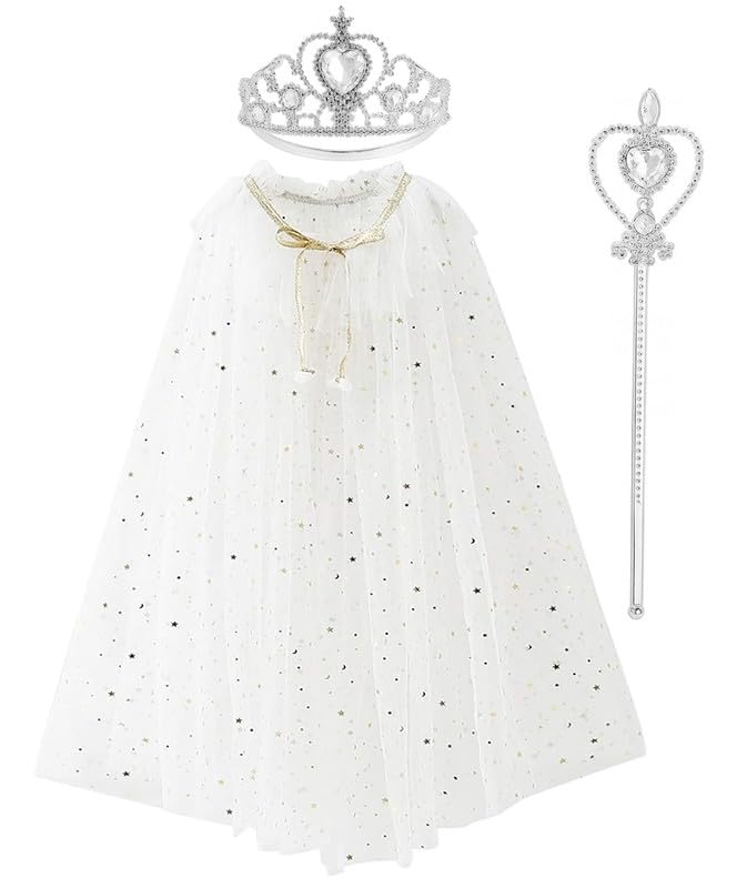 Image of Princess Cape for Girls - Colorful Sequin Cloak with Crown and Wand for Birthday, Halloween, Fancy Dress & Carnival