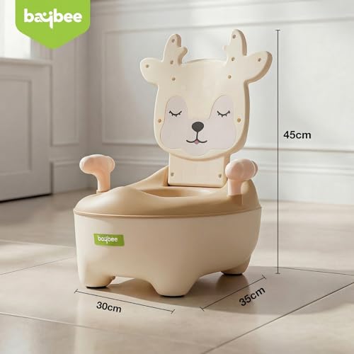 Image of Baybee Deer Baby Potty Seat for Kids 2 to 5 Years with Back Support | Foldable Toilet Seat with Removable Drawer & Cleaning Brush | Premium Potty Training seat | Kids Toilet Chair Boys Girls (Beige)