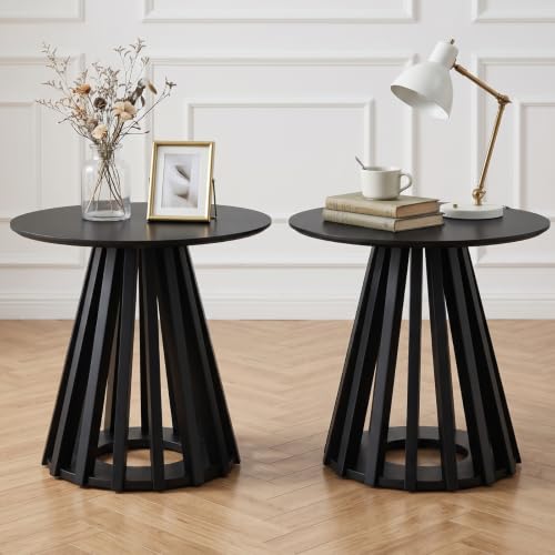 Image of Black Round Fluted Small End Table Set of 2, 19.7 inch Side Table Nightstand