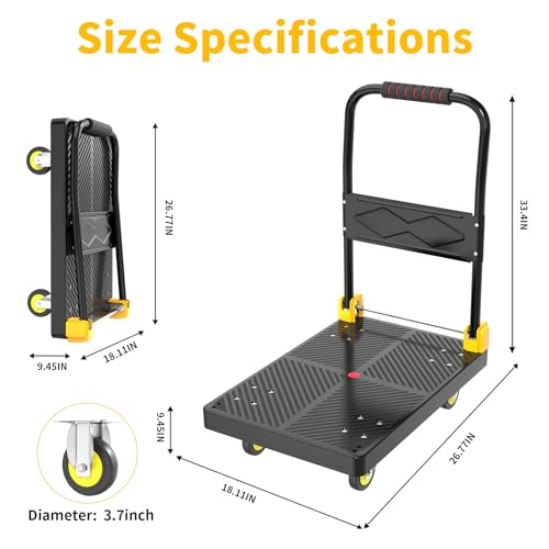 Push Cart Dolly - Foldable Heavy - Duty Flatbed Platform Cart with 360 - Degree Rotating Wheels for Moving in Food Truck and Trailer, Load Capacity 330 lbs, Black Yellow by DIAMONDFORGE - Image 3