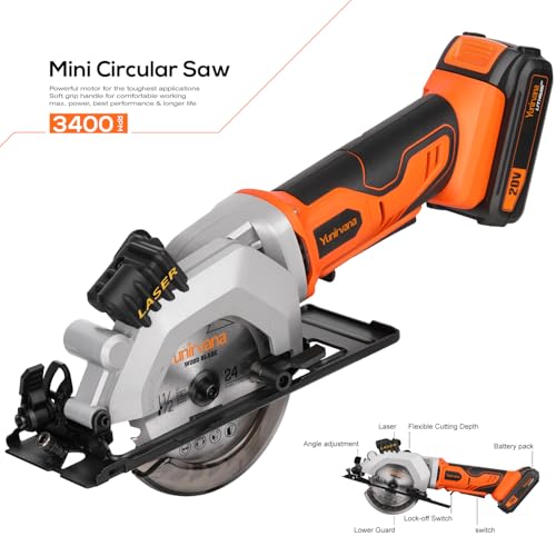 Yunirvana Mini Circular Saw, 20V 3400RPM Professional Cordless Circular Saw, Adjustable Angle and Depth,Max Cutting Depth 42.8mm (90°), 28mm(45°),Laser Guide,Blade 115mm 2 Yunirvana Mini Circular Saw, 20V 3400RPM Professional Cordless Circular Saw, Adjustable Angle and Depth,Max Cutting Depth 42.8mm (90°), 28mm(45°),Laser Guide,Blade 115mm - Image 2