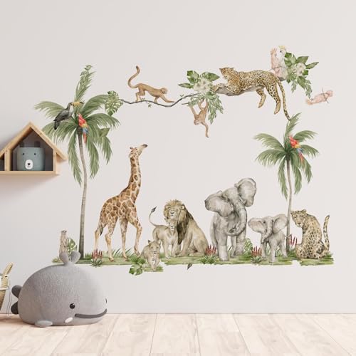 Image of 31.49 X 41.33 Inch Watercolor Jungle Animal Wall Decals Monkey Elephant Giraffe Wall Stickers Removable Peel and Stick Stickers for Baby Nursery Playroom Bedroom Classroom Kindergarten Wall Decor