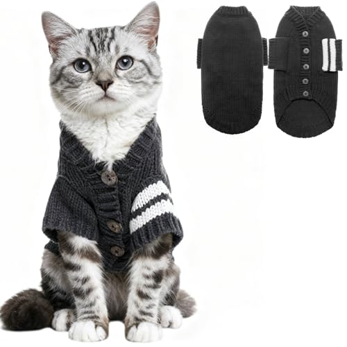 EXPAWLORER Cat Sweater Cardigan - Stylish Knitted Cat Clothes, British Style Soft Puppy Sweater with Sleeve Warm Pet Clothing Knitwear, Fall and Winter Kitten Coat for Girl Boy Cats, Grey Medium