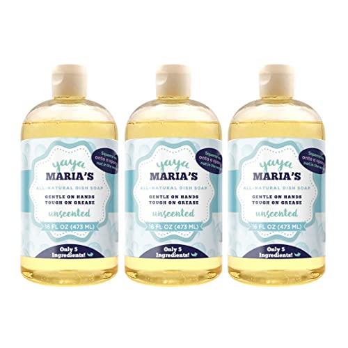 Yaya Maria's Natural Liquid Dish Soap, Only 5 Ingredients, 100% Nontoxic, Compare to Any Other Dish Soap, 3-Pack (Unscented)