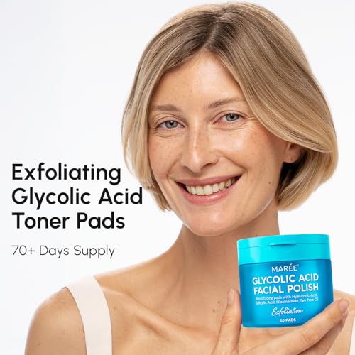 Image of MAREE Glycolic Acid Pads - Toner Pads for Face Cleansing - Exfoliating Pad with Tea Tree Oil, Salicylic Acid & Vitamins E, B3, B5 - Acne Clearing, Skin Pore Resurfacing & Radiance Device - 80 Count