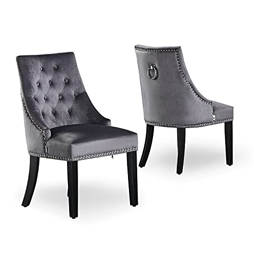 P&N Homewares Chaise Capitonnée en Velours Gris Foncé - Style Classique & Design - Pieds en Bois - Salle à Manger, Salon ou Coiffeuse - Windsor (Gris Foncé, 1) Cover