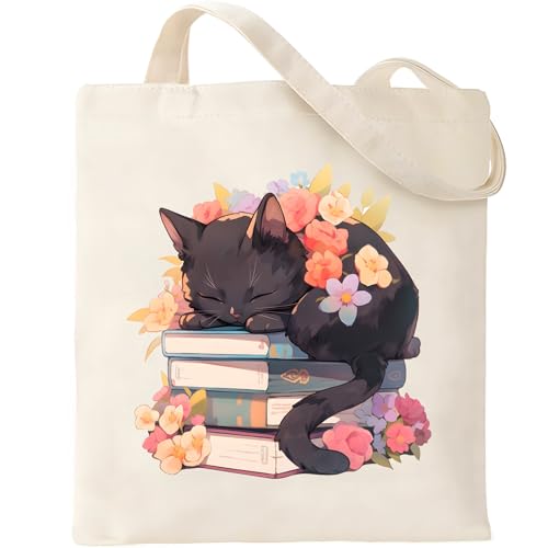 Haukea Cute Black Cat Canvas Tote Bag Aesthetic Book Flower Tote Bags with Zipper Pockets Gifts for Cat Book Lovers Library Bag, Medium
