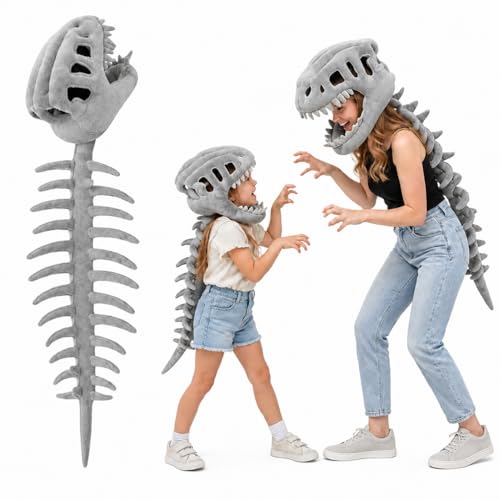 Anytin Dinosaur Skeleton Costume for Kids 31 in 3D Spinosaurus Plush Dino Outfit with Skull Headpiece & Spine Soft Wearable Halloween Dress Up Gray