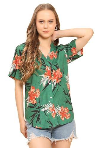 Image of Womens Casual Shirt Soft Beach Shirts Floral Tropic Print V Neck T-Shirt Short Sleeve Button Up Tops
