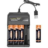 4 Pack Rechargeable Battery with Charger 3.7V 3000mAh Flat Top, High Capacity Batteries Compatible with Headlamps, Flashlight, Camera, Small Fan, Outdoor Garden Lights