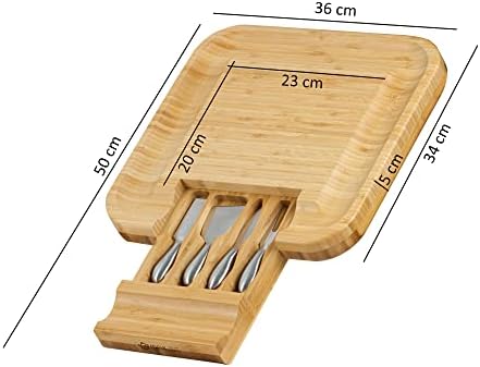 Mahlzeit bambusowa deska do sera z nożem do sera | 36 x 34 x 5 cm | Drewniana taca na ser z 4 sztućcami do sera ze stali nierdzewnej | Drewniany zestaw serwisowy, taca na tapicerkę