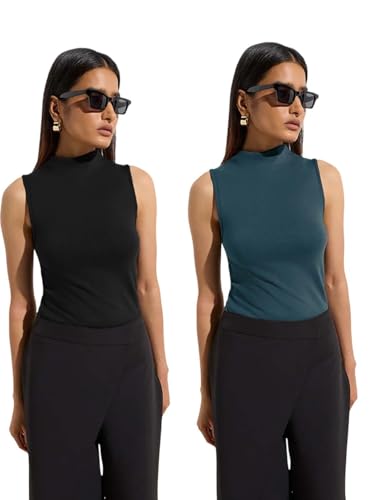 Image of KOTTY Women's Sleeveless High Neck Ribbed Tank Top Combo Pack of 2 Stylish Casual & Office Wear Tops
