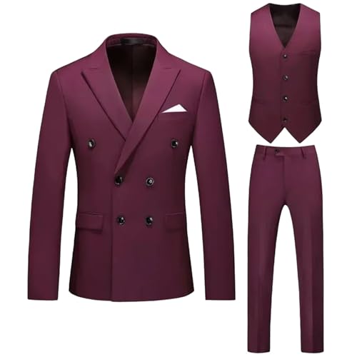 Men Full Notched Lapel Double Breasted 3-Piece Wedding Graduation Casual Banquet Suit Burgundy