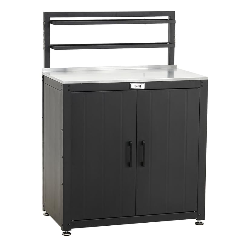 Feasto Gartenschrank wetterfest mit Edelstahl-Arbeitsplatte, 2 verstellbare Regalböden, Pflanztisch aus Metall für Gärten & Terrasse, 80x48x113 cm