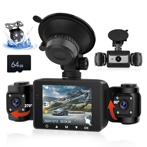 CAMECHO 360° Dash Cam Front and Rear Inside, 4 Channel Dashcam for Cars, Dash Camera Included 64GB SD Card, Car Camera with Night Vision, G-Sensor, Loop Recording, 2.4” IPS Screen, Dashboard Camera