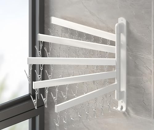 Wall Mounted Rotary Clothes Drying Rack - Space-Saving Collapsible Laundry Organizer, Punch-Free Installation, Holds 220lbs, Ideal for Bathroom, Patio & Laundry Room (White, 2 Shots, Horizontal Bar)