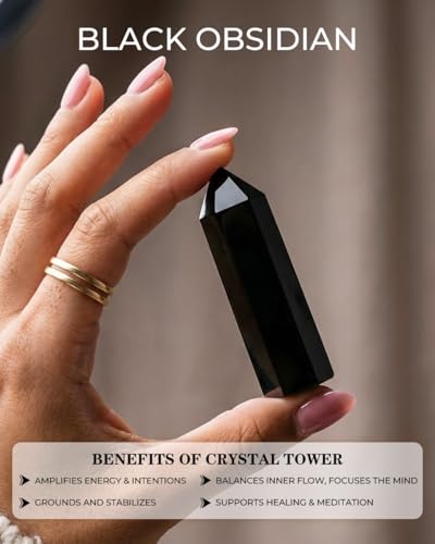 Image of Natural Healing Crystal Wand Set - 2.4-2.8 inch Polished Gemstone Point Obelisk - Obsidian Hexagonal Towers for Reiki Energy, Chakra Balancing, Meditation & Home Office Decor - Spiritual Gifts for Women