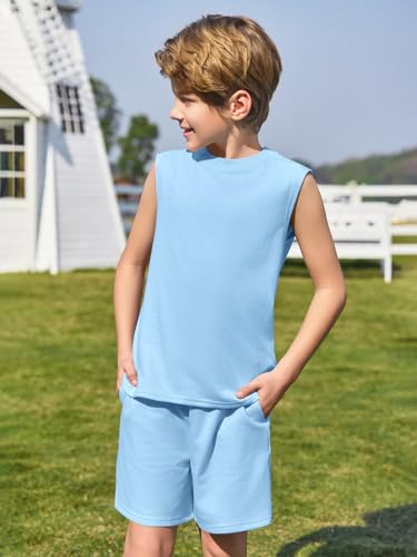 Image of Haloumoning Boys 2 Piece Summer Outfits Short Sets Kids Tank Tops and Elastic Waist Shorts with Pockets 5-14 Years