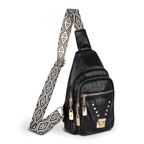 Relang Black Leather Sling Bag with Metal Rivets for Women