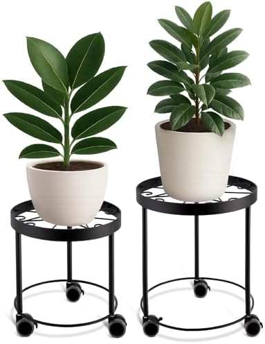 US Original Indoor Plant Stand with Wheels, (2 Sizes) Metal Rolling Flower Pot Risers for Potted Plants (12" & 10" Diameter)