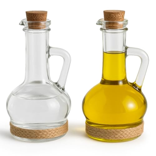MGE - Classic Glass Oil and Vinegar Dispenser - Oil and Vinegar Dispenser Glass - 2 in 1 Oil and Vinegar Bottle - Cruet Bottle with Cork Stoppers - Oil Dispenser Bottle for Kitchen - 2 Pieces - 230 mL