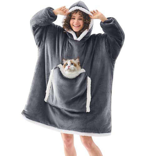 JOYWOO Wearable Blanket Hoodie,Oversized Cat Lovers Sweatshirt Blanket for Adult & Teens,Birthday Gifts for Women Men Mom Girl Boys,Cozy Fuzzy Sherpa Sweatshirt Blanket Giant Pocket Gifts,Grey Small