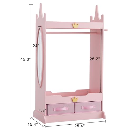 Kids-Dress-Up-Storage-with-Mirror-Kids-Armoire-with-Non-Woven-Drawers-Open-Costume-Closet-with-Hanging-Rack-for-Toddlers-Pink Kids Dress Up Storage with Mirror Kids Armoire with Non Woven Drawers Open Costume Closet with Hanging Rack for Toddlers Pink