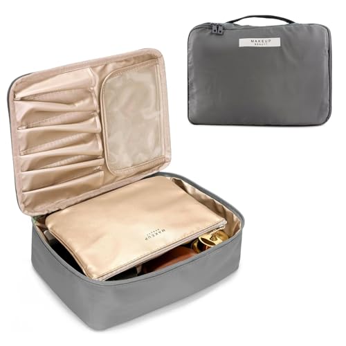 Barabum Travel Makeup Bag Cosmetic Bag Makeup Case Storage Organiser for Women & Girls,Toiletry Bag with Brushes Holder & Detachable Pouch (Gray)