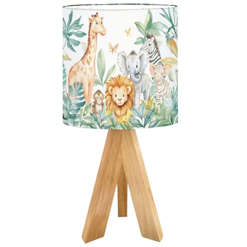 Cute Kids Bedside Desk Table Lamp Watercolor Jungle Animal Forest Lion Monkey Giraffe Zebra Lion Cub Children Nightstand Lamp, Tripod Small Night...