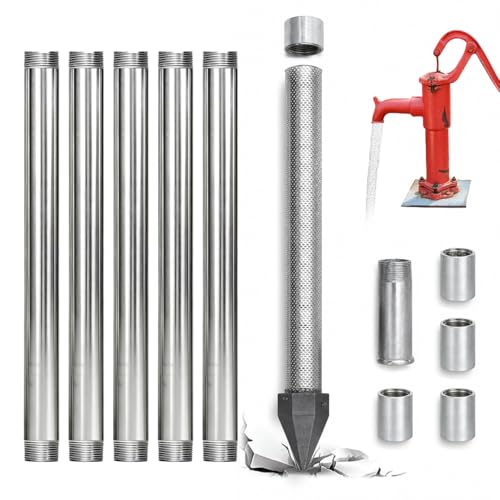 Driven Well Point Kit 1-1/4 Inch Water Well Point with Stainless Steel Mesh Screen Heavy Duty Galvanized Pipe Shallow Well Kit for Irrigation Backyard Wells Emergency Water Supply 5+1kit