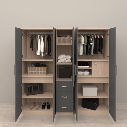Image of Butterfly 5 Door Wardrobe with Mirror & Drawers | Engineered Wood Bedroom Wardrobe | 6.5 x 6.5 ft | Modern Storage Cabinet